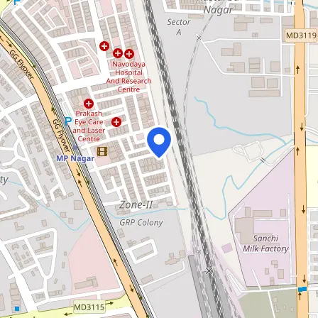 Map showing the location of Pearson VUE Test Center in Bhopal