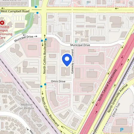 Map showing the location of Pearson VUE testing center in Dallas
