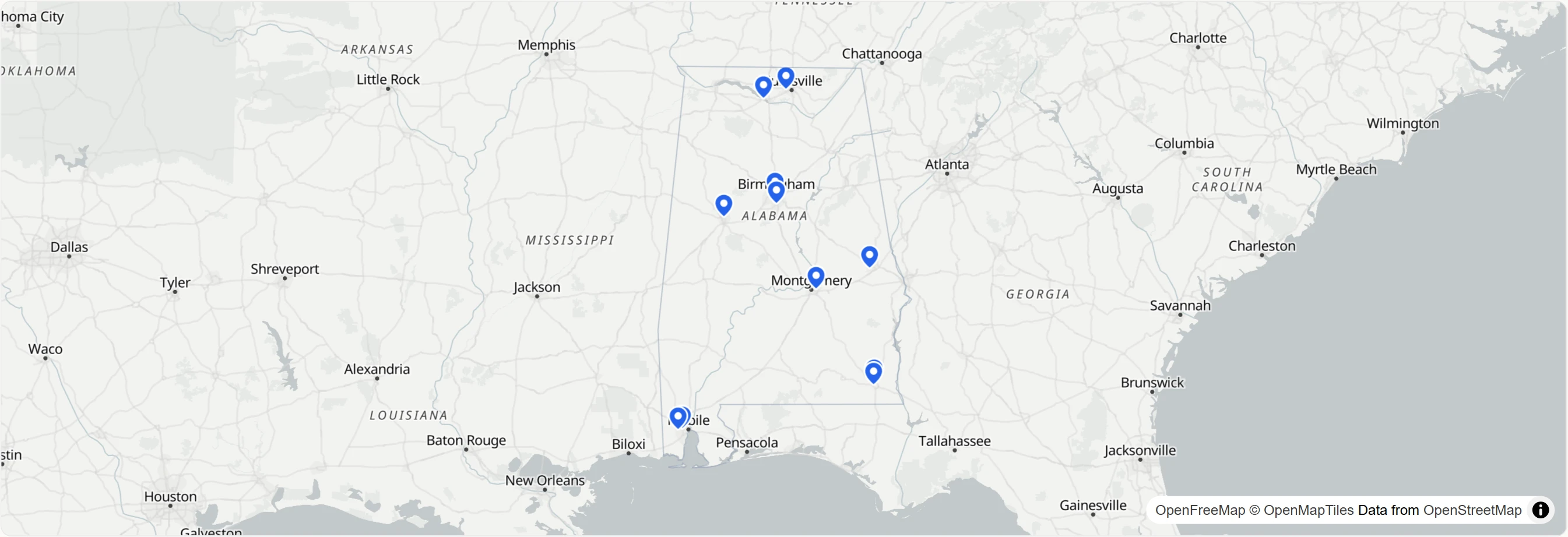Map showing test center locations. Click to interact.