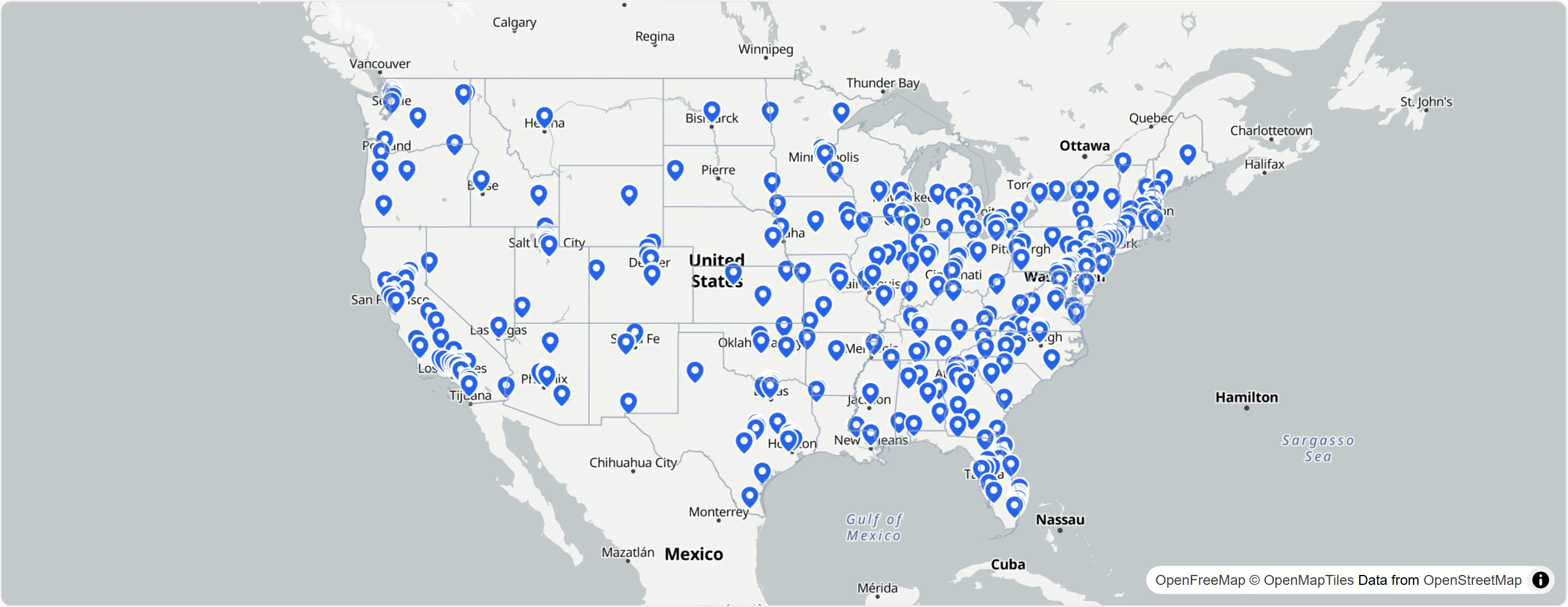 Map showing test center locations. Click to interact.