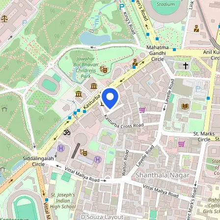 Map showing the location of IELTS Test Centre Bengaluru (Kasturba Road) in Bengaluru
