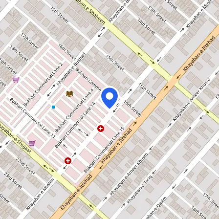 Map showing the location of AEO Pakistan DHA Test Centre in Karachi